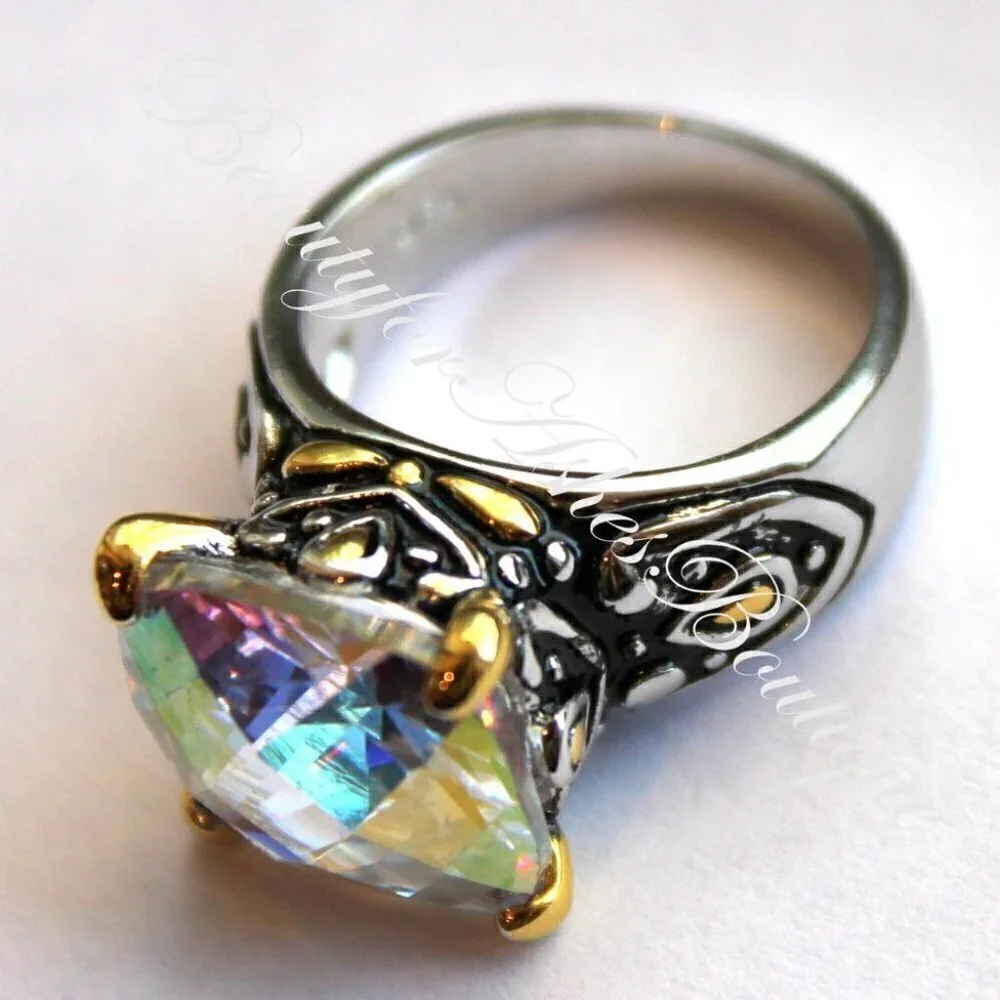 Womens Two Tone Gods Fire Throne Room Aurora Borealis AB Rainbow Ice CZ Ring 8